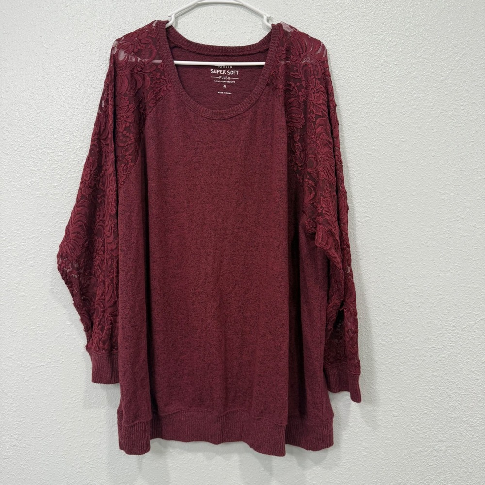 Torrid Super Soft Plush Burgundy Lace Raglan Sleeve Top Plus Size 4 4X